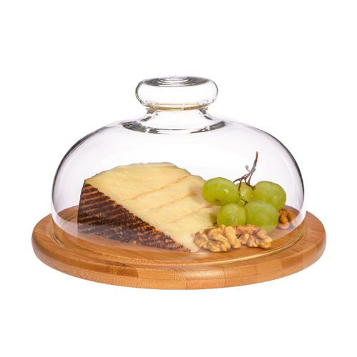 Trendglas Jena Käseglocke Obstglocke Kuchenglocke Tortenplatte mit Bambusteller